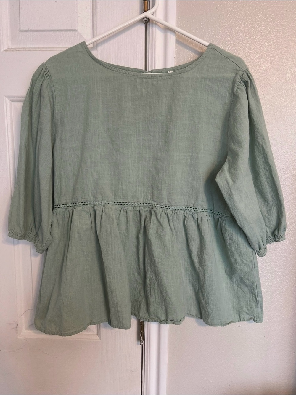 Sage Green Puff Sleeve Peplum Peasant Top XL Cottagecore Elevated Basic Flowy